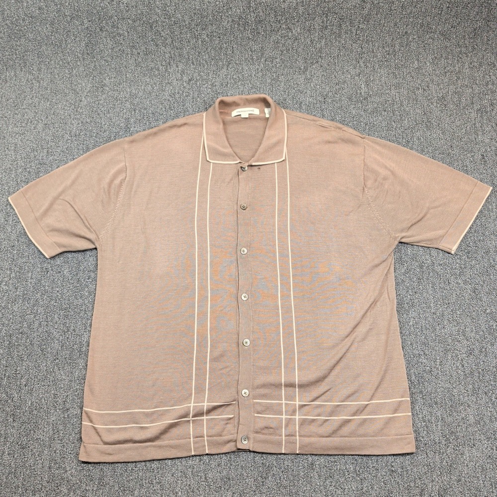 Pronto Uomo Retro 2X Tan Silk Cotton Knit Button Up Bowling Shirt Mid Century